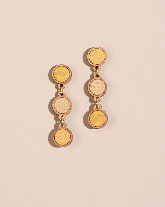 Yellow Fabric And Wood Round Earring