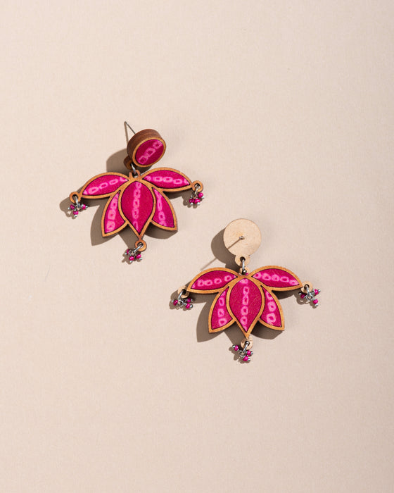 Pink Pure Georgette Bandhani Fabric And Wood Lotus Earrings