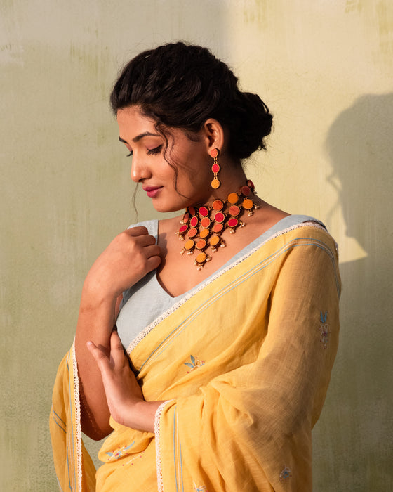 Red Orange Fabric And Wood Round Earring