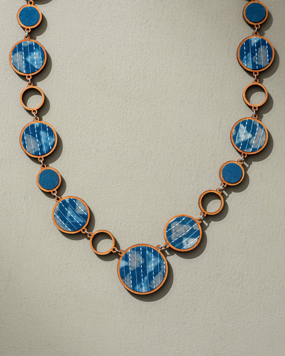 Reversible 2-In-1 Blue Brown Fabric And Wood Necklace