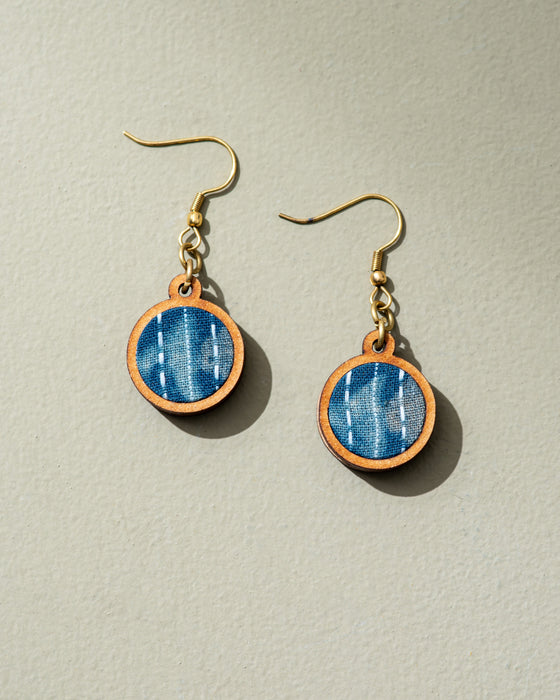 Blue Kantha Batik Fabric And Wood Earrings