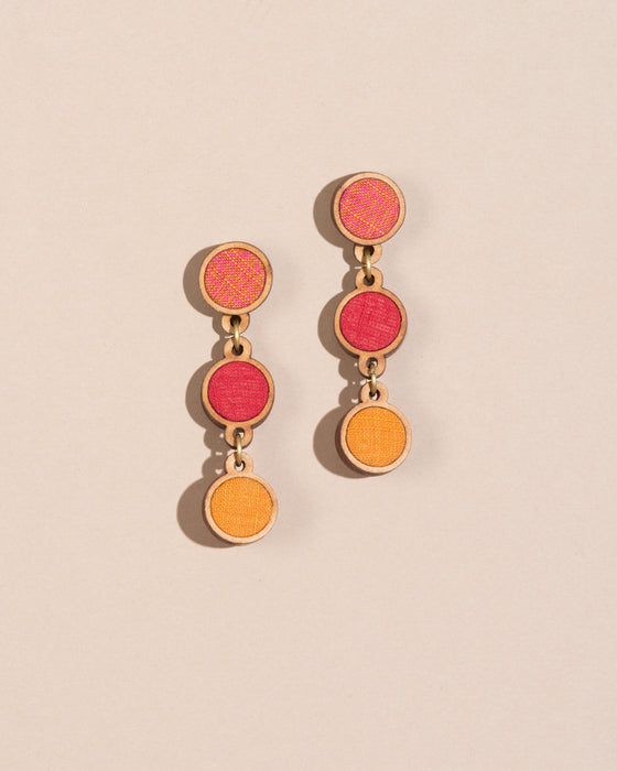 Red Orange Fabric And Wood Round Earring