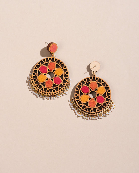 Red And Orange Wheel Fabric And Wood Earrings