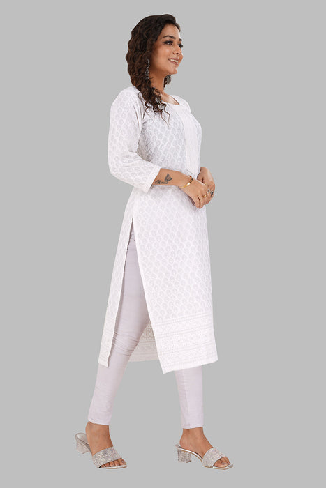 Rayon Chikan sequence work Kurti-NMK-WHITE