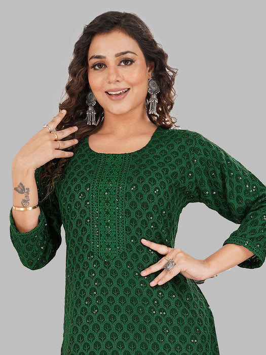 Rayon Chikan sequence work Kurti-NMK-GREEN