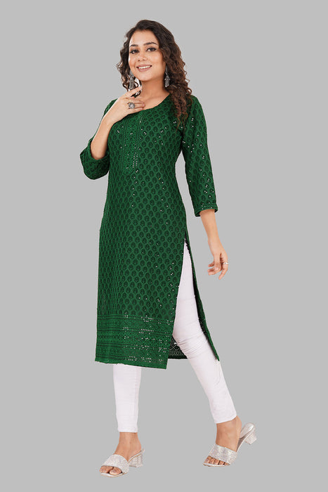 Rayon Chikan sequence work Kurti-NMK-GREEN