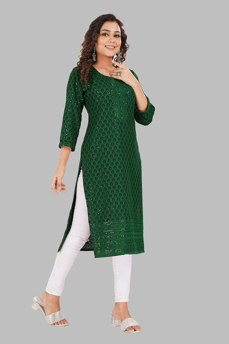 Rayon Chikan sequence work Kurti-NMK-GREEN