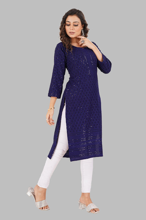 Rayon Chikan sequence work Kurti-NMK-NAVYBLUE