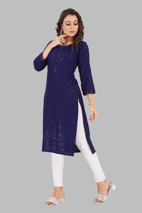 Rayon Chikan sequence work Kurti-NMK-NAVYBLUE