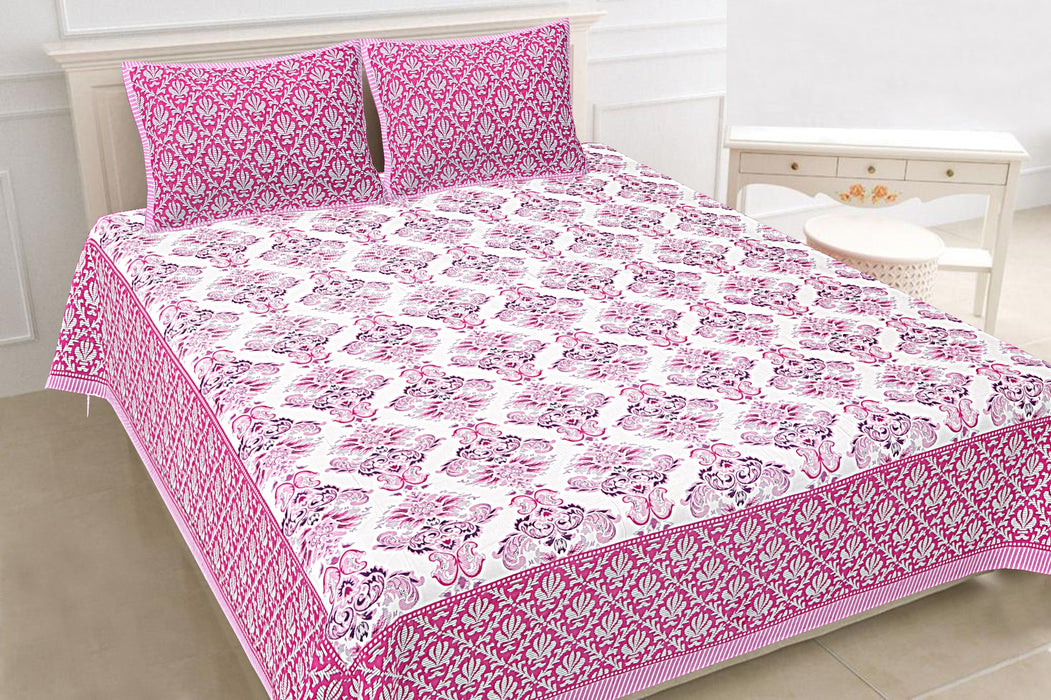 Jaipuri Print Cotton king 90 by 108 Floral Bedsheet with two big size pillow cover BS-59 Pink