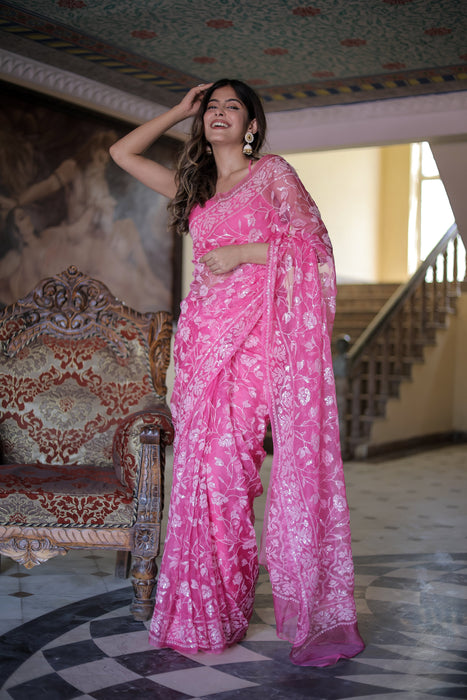 Rose Quartz (Pure Silk Organza Sequins Work Saree)