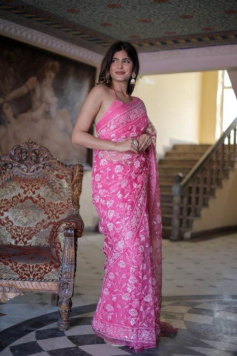 Rose Quartz (Pure Silk Organza Sequins Work Saree)