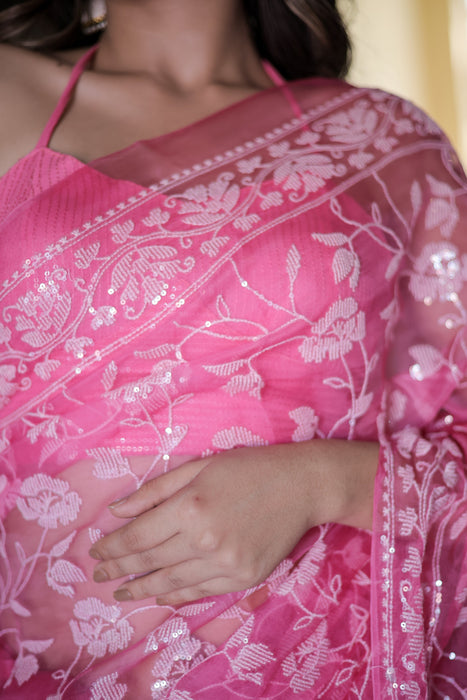 Rose Quartz (Pure Silk Organza Sequins Work Saree)