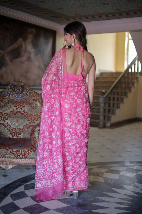 Rose Quartz (Pure Silk Organza Sequins Work Saree)