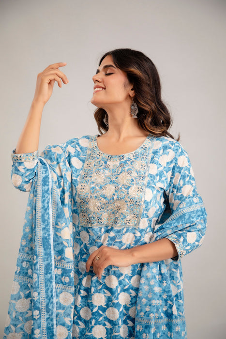 Traditional Zari Embroidery Work A-Line Kurta With Trouser & Dupatta - KR3012BLUE