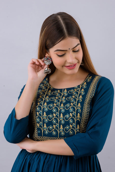 Women's Solid Dyed Rayon Designer Embroidered A-Line Kurta - KR064BLUE