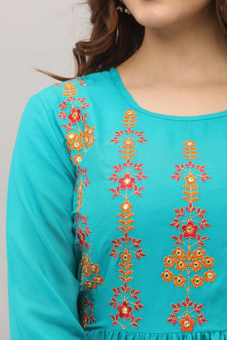 Women's Solid Dyed Rayon Designer Embroidered A-Line Kurta - KR005TURQUOISE