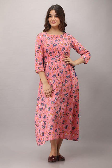 Women's Pure Cotton Printed Ankle Length Flared Traditional Kurta KR011PINK