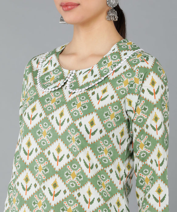 Olive green Cotton Printed Top & Trouser