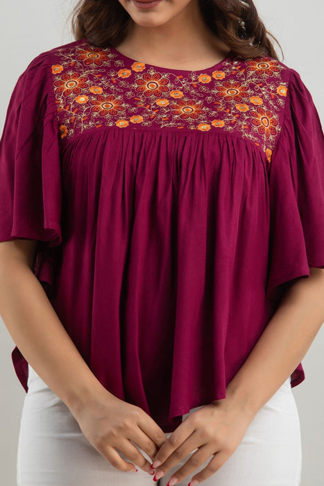 Women's Rayon embroidered Hip Length Formal Tops KRT019WINE