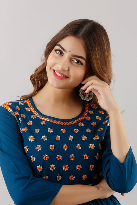 Women's Solid Dyed Rayon Designer Embroidered A-Line Kurta - KR089BLUE