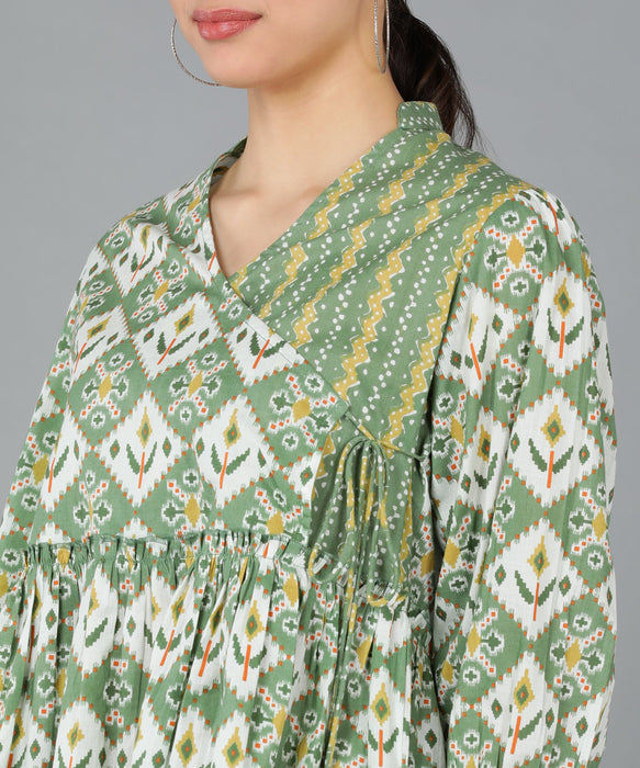 OLIVE GREEN ANGRAKHA PATTERN TOP