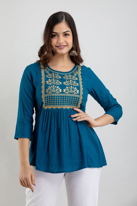 Women's Rayon embroidered Hip Length Formal Tops KRT021BLUE