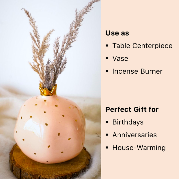 Ceramic Pomegranate Showpiece with Gold Plated Crown, 4 inch (Blush Pink)