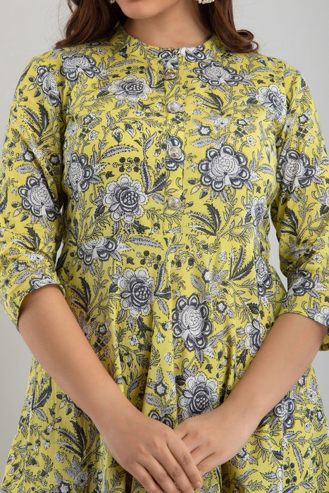 Women's Pure Cotton Printed Ankle Length Flared Traditional Kurta KR0108YELLOW