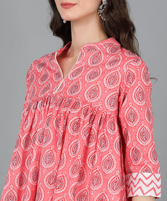 Pink Cotton Printed Top With Trouser