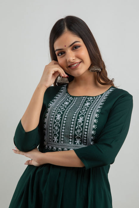 Women's Solid Dyed Rayon Designer Embroidered A-Line Kurta - KR0105GREEN