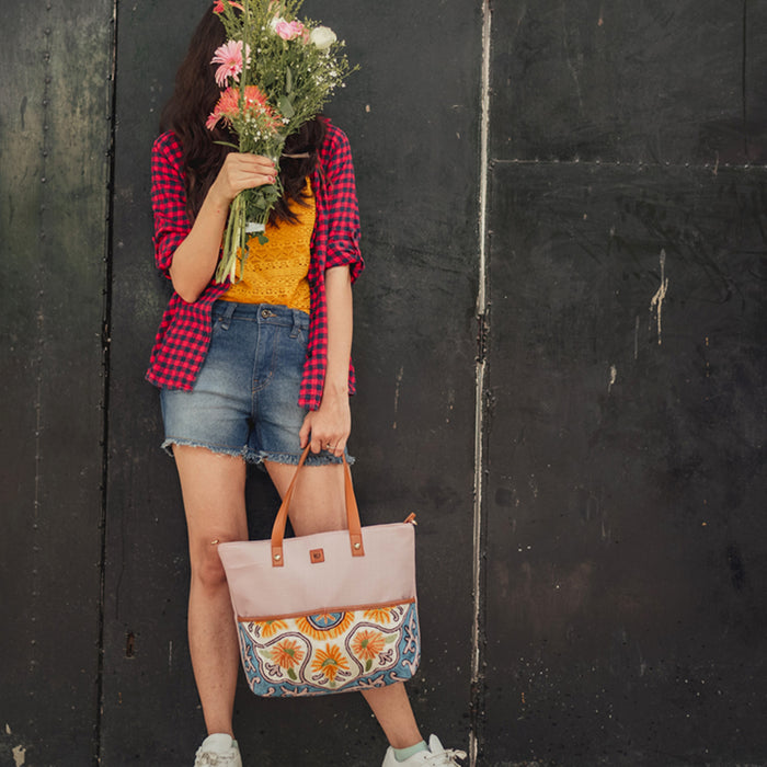 Lilly Pastel Pink Chain Stitch Hand Embroidery Canvas Tote Bag