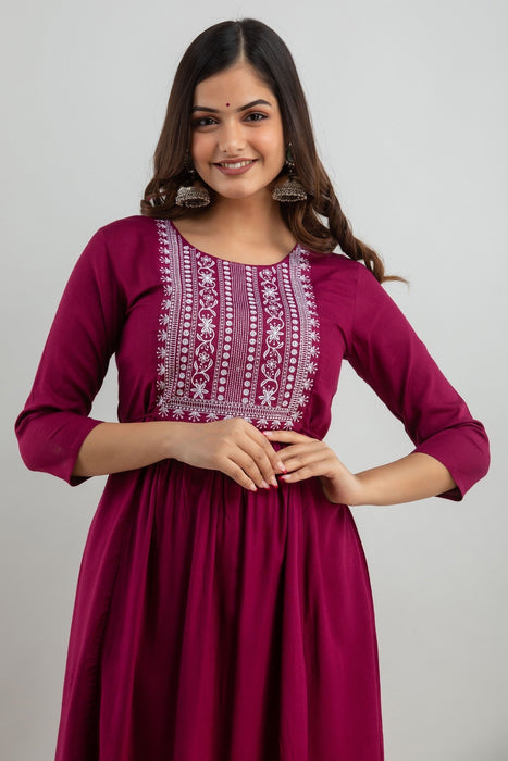 Women's Solid Dyed Rayon Designer Embroidered A-Line Kurta - KR0105WINE