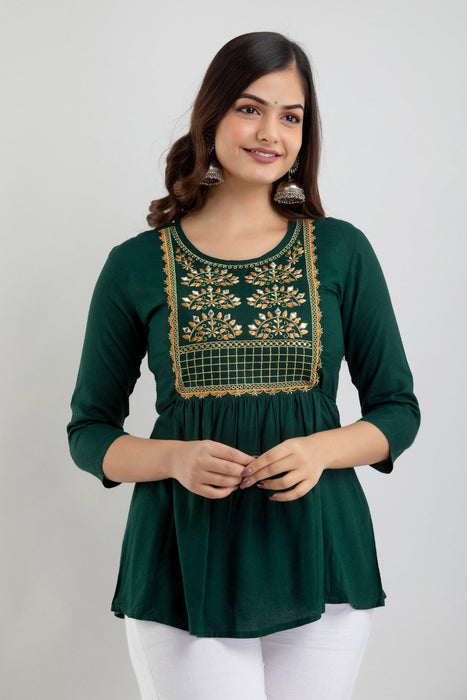 Women's Rayon embroidered Hip Length Formal Tops KRT021GREEN