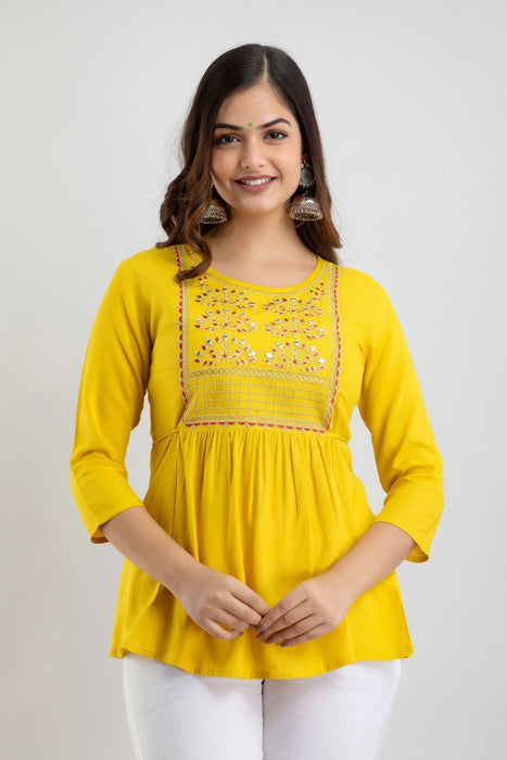 Women's Rayon embroidered Hip Length Formal Tops KRT021MUSTARD