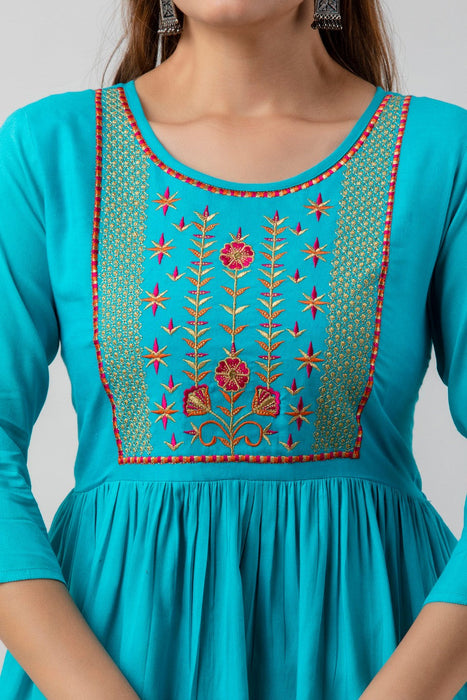 Women's Rayon embroidered Hip Length Formal Tops KRT036TURQUOISE