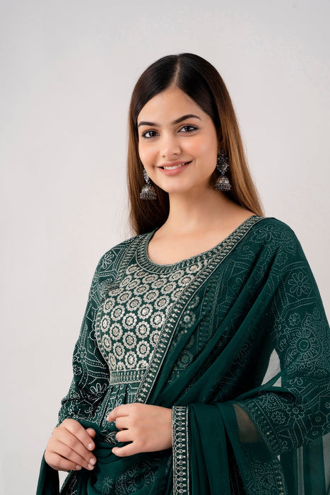 Traditional Zari Embroidery Work A-Line Kurta With Trouser & Dupatta - KR3004GREEN