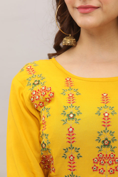 Women's Solid Dyed Rayon Designer Embroidered A-Line Kurta - KR005MUSTARD