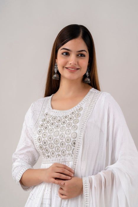 Traditional Zari Embroidery Work A-Line Kurta With Trouser & Dupatta - KR3004WHITE