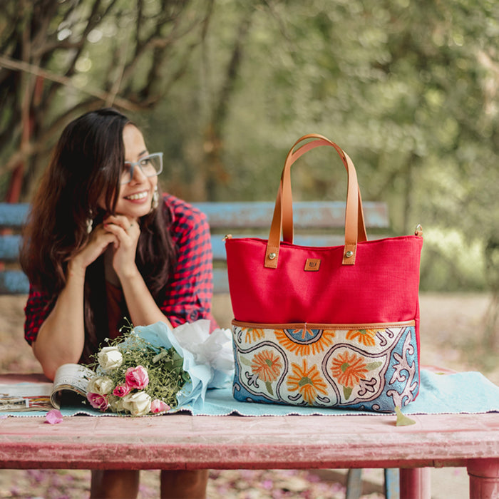 Lilly Pastel Red Chain Stitch Hand Embroidery Canvas Tote Bag