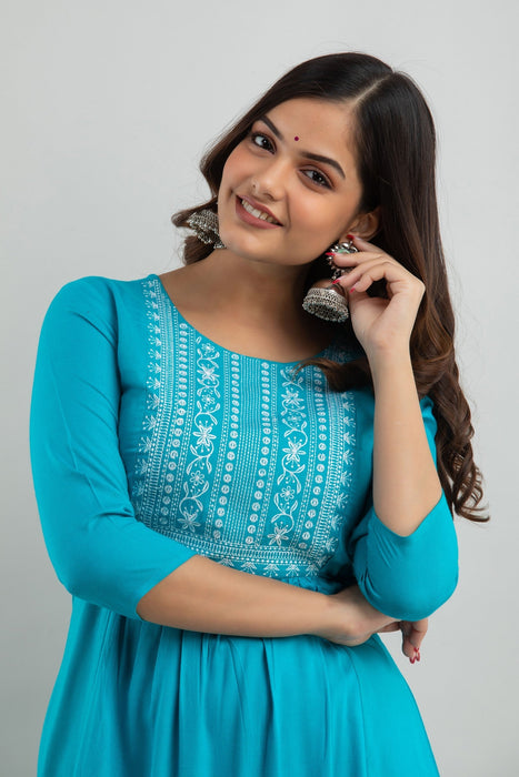 Women's Solid Dyed Rayon Designer Embroidered A-Line Kurta - KR0105TURQUOISE