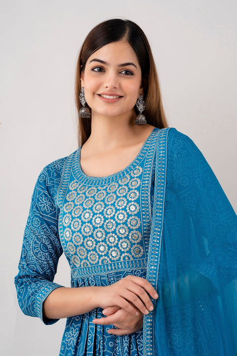 Traditional Zari Embroidery Work A-Line Kurta With Trouser & Dupatta - KR3004BLUE