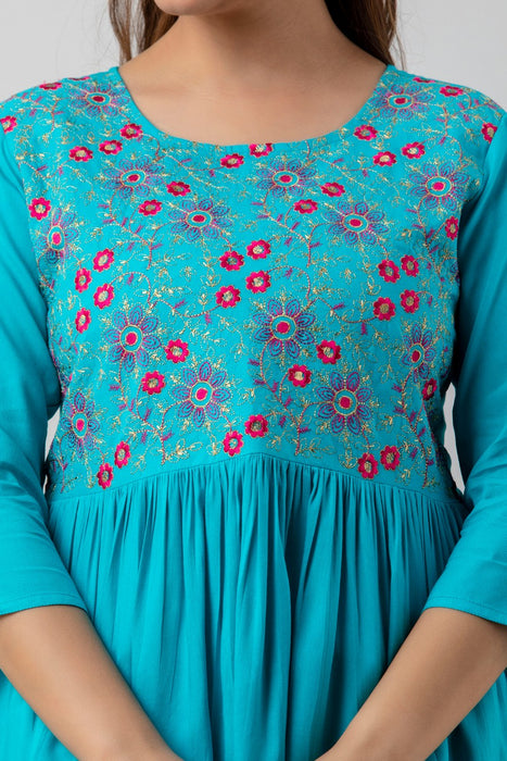 Women's Rayon embroidered Hip Length Formal Tops KRT037TURQUOISE