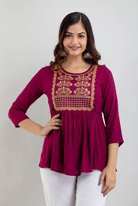 Women's Rayon embroidered Hip Length Formal Tops KRT021WINE