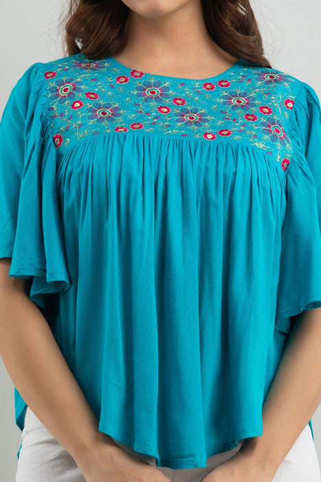 Women's Rayon embroidered Hip Length Formal Tops KRT019TURQUOISE