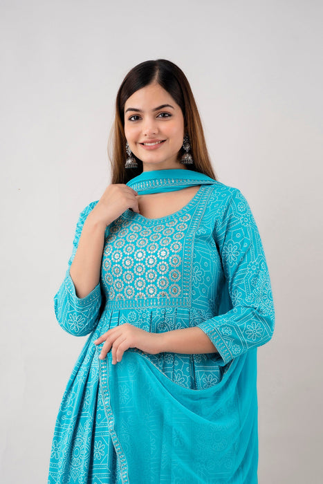 Traditional Zari Embroidery Work A-Line Kurta With Trouser & Dupatta - KR3004TURQUOISE