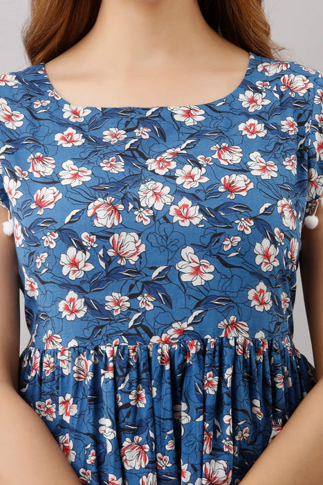 Women's Pure Cotton Printed Hip Length Formal Tops KRT006BLUE