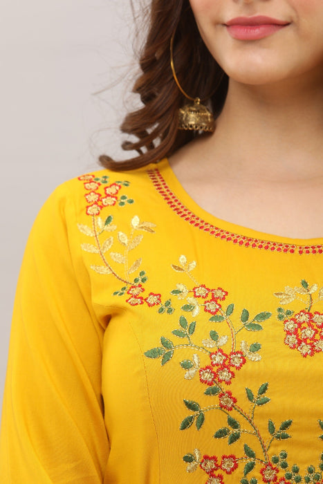 Women's Solid Dyed Rayon Designer Embroidered A-Line Kurta - KR006MUSTARD