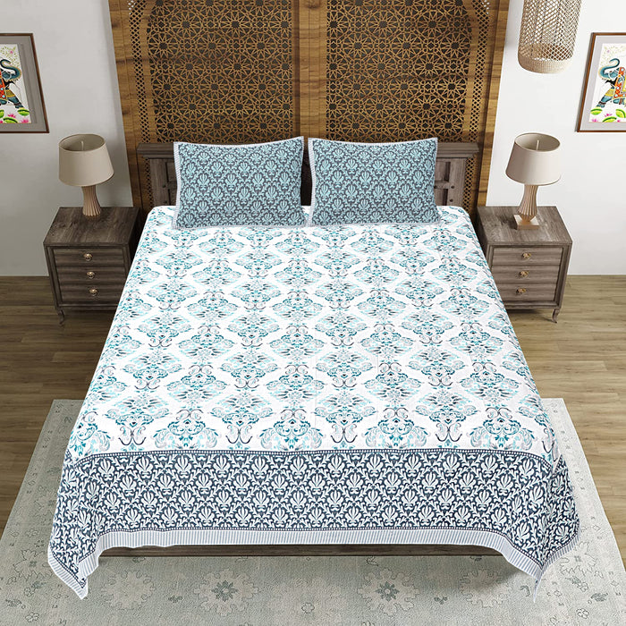 Jaipuri Print Cotton king 90 by 108 Floral Bedsheet with two big size pillow cover BS-60 Grey