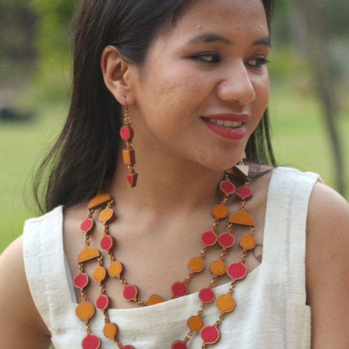 Red And Yellow Fabric And Wood Geometrical Earring